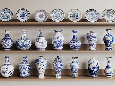 Blue and White Porcelain Collection with Plates and Vases Displayed on Wooden Shelves 3d model