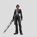 Man Wearing Black Outfit With White Fur Collar Holding Long Sword Standing Pose