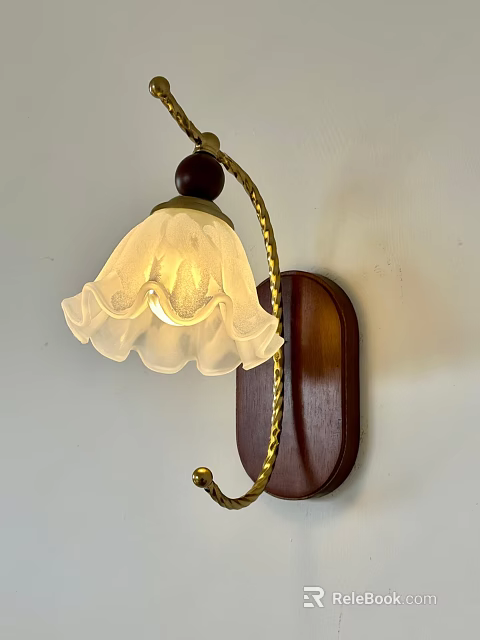 Classic Wall Lamp With Brown Wooden Base Golden Curved Metal Arm And White Frosted Glass Shade 3d model 
