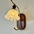 Classic Wall Lamp With Brown Wooden Base Golden Curved Metal Arm And White Frosted Glass Shade
