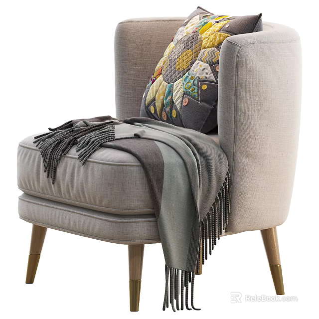 Gray Accent Chair With Gold Legs Colorful Pillow And Gray Throw Blanket Tassels 3d model 