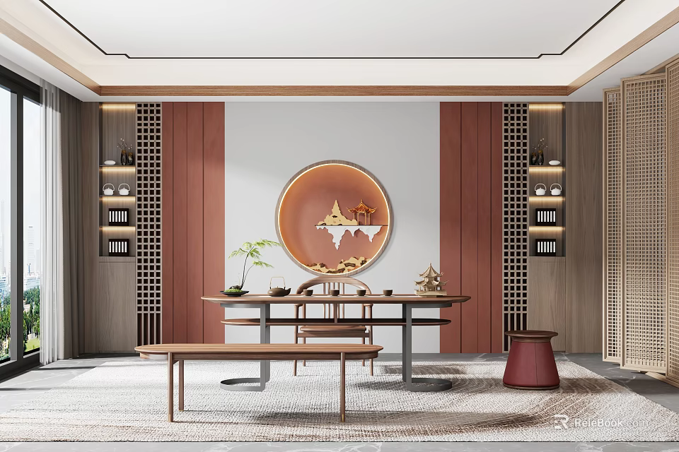 Modern Chinese Tea Room Interior With Wooden Table Round Painting Grille Screens And Green Plant 3d model 