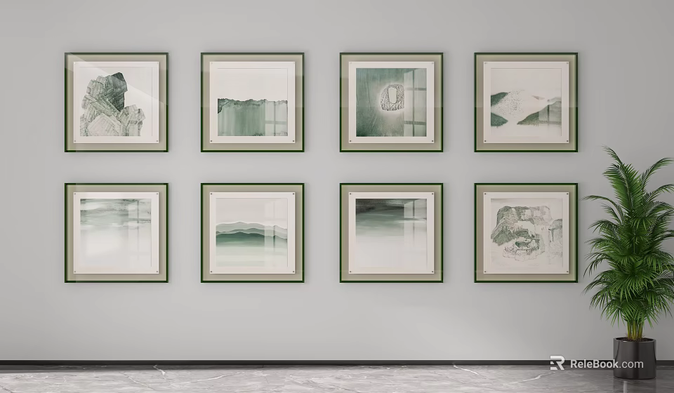 Eight Framed Ink Painting Wall Hangings Neatly Arranged On Light Grey Wall With Green Plant 3d model 