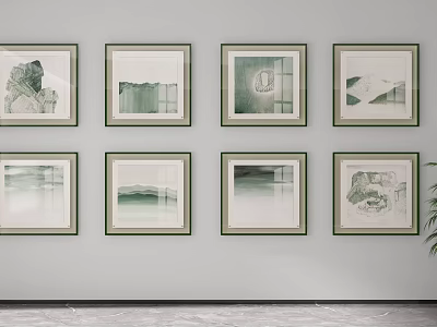 Eight Framed Ink Painting Wall Hangings Neatly Arranged On Light Grey Wall With Green Plant 3d model