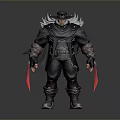 Man Wearing Dark Armor With Hat Cloak And Red Bladed Weapons