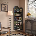 Living Room Corner With Black Arched Shelf Floor Lamp Wall Art And Yellow Flowers