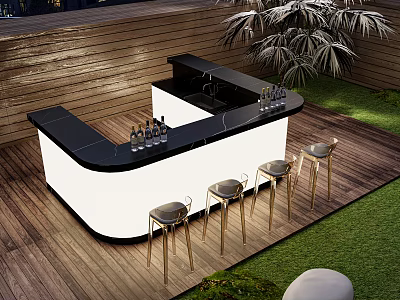 Stylish Outdoor Bar With Black Countertop White Base And Gold Bar Stools On Wooden Deck 3d model