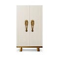 Beige Fabric Wardrobe With Ornate Gold Handles And Sturdy Gold Base