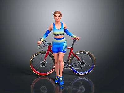 A Woman In Blue And Yellow Sportswear With Arm Sleeves By Red Sport Bicycle 3d model