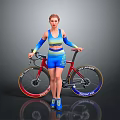 A Woman In Blue And Yellow Sportswear With Arm Sleeves By Red Sport Bicycle