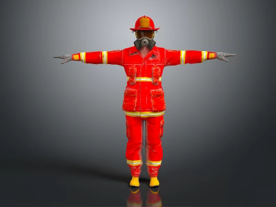 Firefighter In Red Uniform With Yellow Stripes Helmet And Gas Mask Standing With Arms Outstretched 3d model