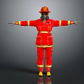 Firefighter In Red Uniform With Yellow Stripes Helmet And Gas Mask Standing With Arms Outstretched