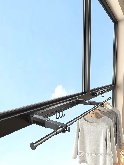 Black Frame Window With Clothes Drying Rack Hanging Gray And White Clothes Under Blue Sky 3d model 