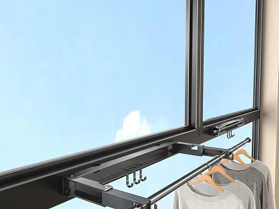 Black Frame Window With Clothes Drying Rack Hanging Gray And White Clothes Under Blue Sky 3d model
