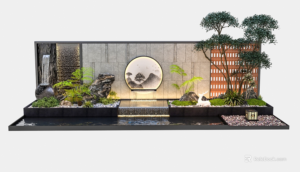 Landscape Feature Wall With Circular Ink Painting Flowing Water Green Plants Stones And Wooden Lattice 3d model 