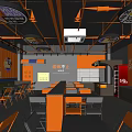 Modern Restaurant Interior With Orange Black Decor Hanging Lights Tables Chairs And Wall Art