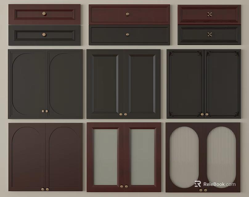 Various Styles Of Cabinet Doors In Dark Brown Black With Glass And Textured Panels 3d model 