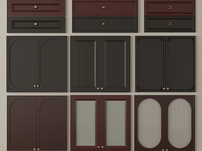 Various Styles Of Cabinet Doors In Dark Brown Black With Glass And Textured Panels 3d model