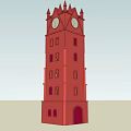 Tall Red Clock Tower With Spires Windows And Arched Doorway Exterior