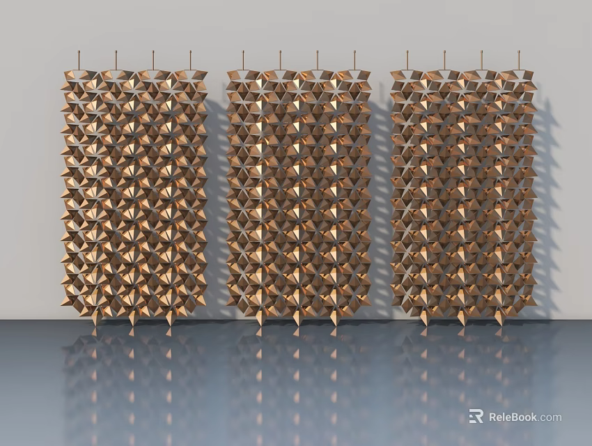 Three Modern Copper Swing Doors With Geometric Pattern And Reflective Floor 3d model