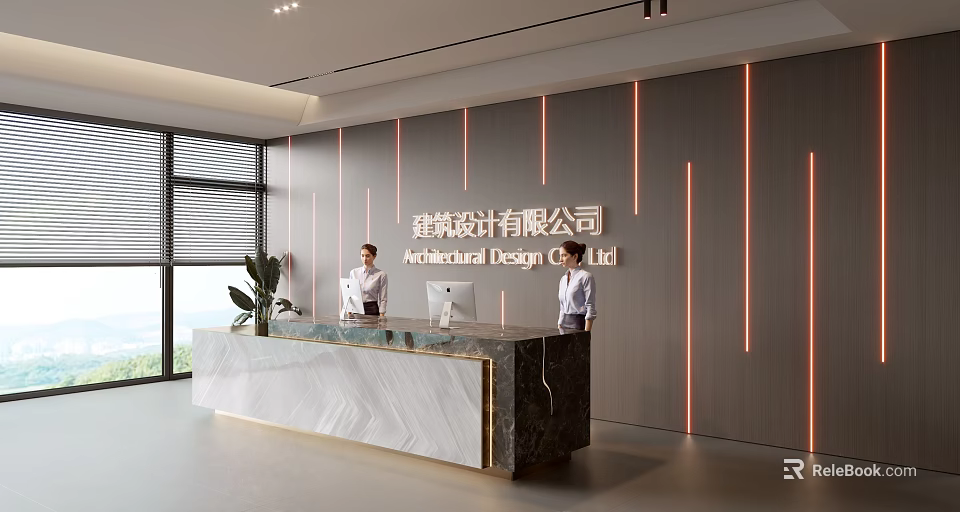 Front Desk Reception at Architectural Design Company with Marble Counter Staff LED Wall and Plants 3d model 