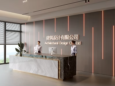 Front Desk Reception at Architectural Design Company with Marble Counter Staff LED Wall and Plants 3d model