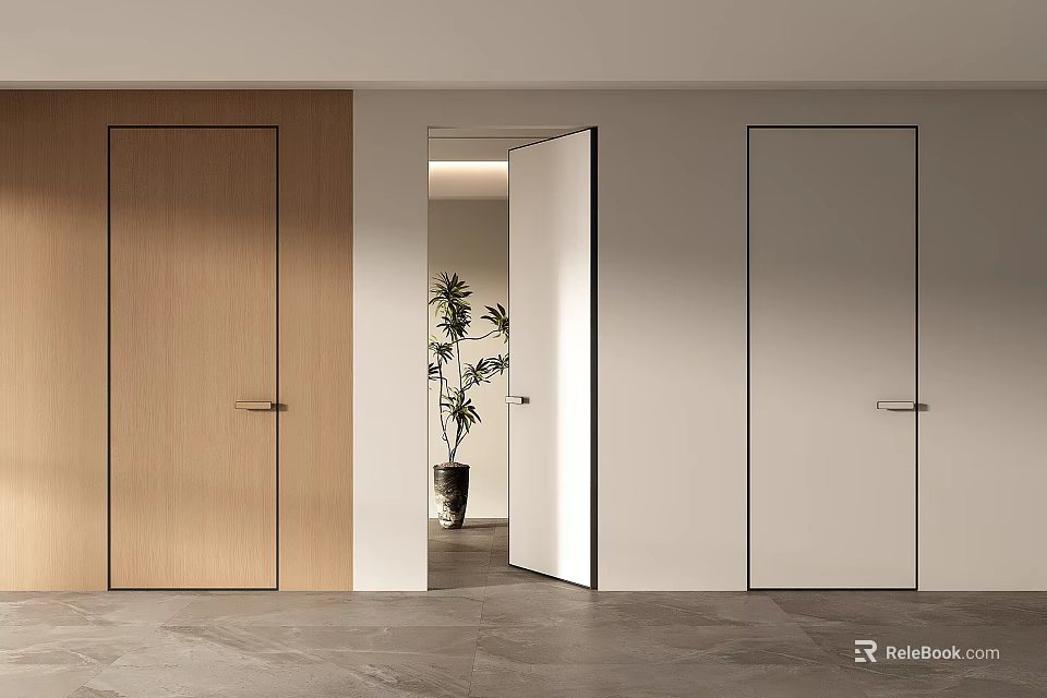 Modern Swing Doors With Wooden White Panels Black Frames And Open View 3d model 