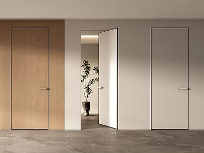 Modern Swing Doors With Wooden White Panels Black Frames And Open View 3d model