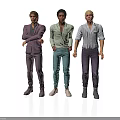 Three Men In Stylish Outfits Purple Suit Light Green Shirt And Striped Shirt
