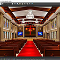 Religious Worship Church Interior With Cross Red Carpet Chandelier Wooden Pews And Stained Glass