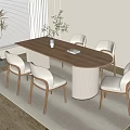 Wooden Dining Table Set with Beige Upholstered Chairs and Potted Plant on Light Rug