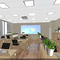 School Classroom Interior With Desks Chairs Blackboard National Flag Windows Ceiling Fans And Lights