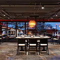Modern Restaurant Interior With Red Walls Pendant Lights Wine Racks And Dining Tables