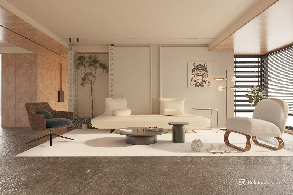 Modern Living Dining Room Interior With Sofa Coffee Table Plant And Decorative Artwork 3d model 