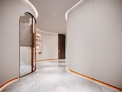 Elegant Modern Elevator Hallway With Curved Walls Recessed Lighting And Polished Marble Floor 3d model