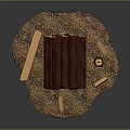 Stacked Natural Wood Logs on Stone Base with Scattered Wooden Pieces
