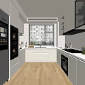 Modern Kitchen Interior With White Cabinets Stainless Steel Refrigerator Wooden Flooring And Window