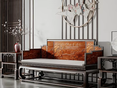 Traditional Chinese Wooden Daybed With Carved Backrest Side Tables And Decorative Vase 3d model