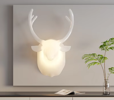 Modern TV Stand with White Deer Head Wall Lamp Green Fern Plant and Transparent Vase 3d model