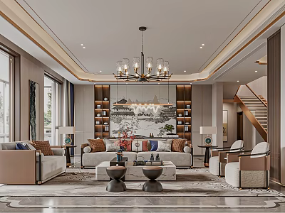 Modern Living and Dining Room Interior With Chandelier Sofa Coffee Tables And Decorative Painting 3d model