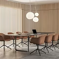 Modern Conference Room With Wooden Slat Walls Gray Table Brown Chairs And Round Pendant Lights