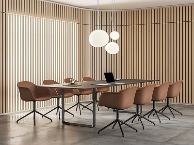 Modern Conference Room With Wooden Slat Walls Gray Table Brown Chairs And Round Pendant Lights 3d model