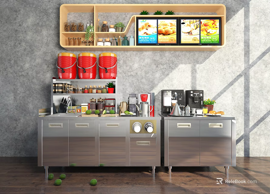 Stainless Steel Functional Work Table with Appliances Overhead Shelf Food Display Screens and Potted Plants 3d model 