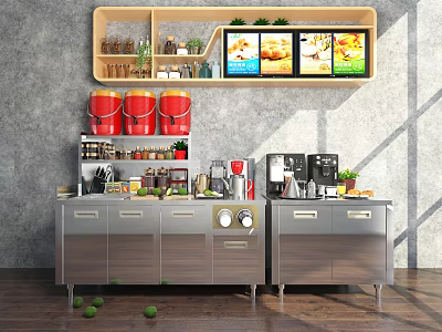 Stainless Steel Functional Work Table with Appliances Overhead Shelf Food Display Screens and Potted Plants 3d model