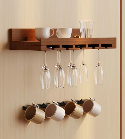 Wooden Wall Mounted Shelf With White Mugs Glass Pitcher And Hanging Wine Glasses 3d model