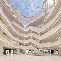 Modern Spacious Mall Atrium With Geometric Glass Dome And Multi Level Circular Lighting Design 3d model