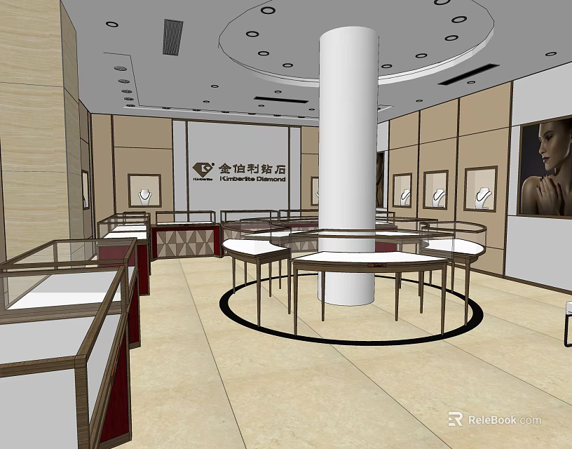 Jewelry Shopping Mall Store With Circular Display Tables Central Column And Glass Cases 3d model 