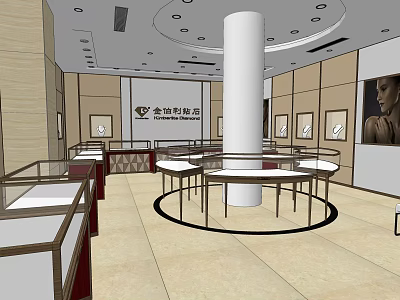 Jewelry Shopping Mall Store With Circular Display Tables Central Column And Glass Cases 3d model
