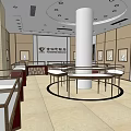 Jewelry Shopping Mall Store With Circular Display Tables Central Column And Glass Cases