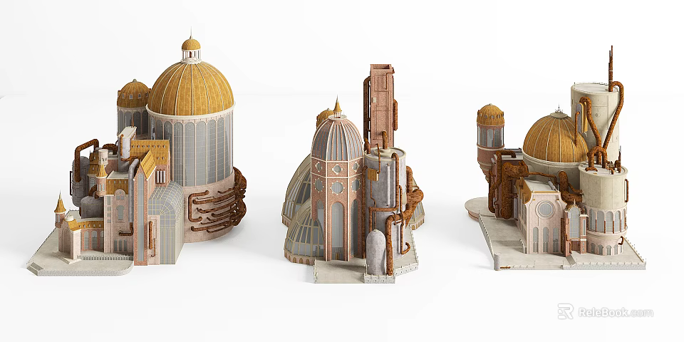 Ancient Architecture Models Featuring Golden Domes Arched Structures Towers And Intricate Details 3d model 